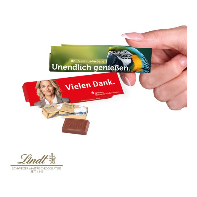 Firmengeschenk Lindt Schokotäfelchen 2er – vollmilch – mit individuell bedrucktem Etikett 10g als Weihnachtsgeschenk für Kunden und Partner