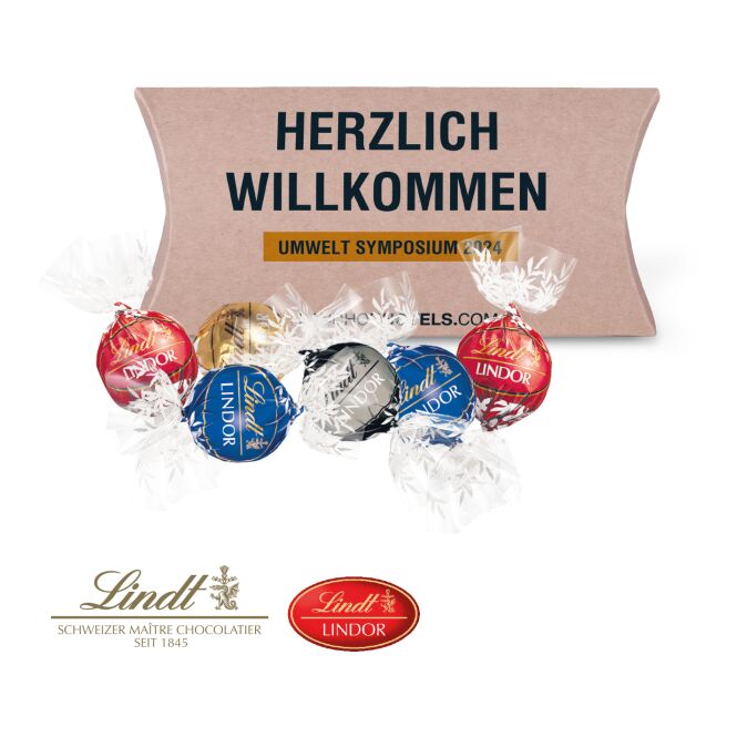 Firmengeschenk Kissenverpackung Creative mit Logodruck – Bunt – Nachhaltige Präsentverpackung mit Lindt Schokolade für Kunden und Büro
