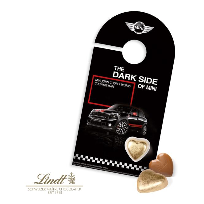 Werbeartikel Schokokarte mit Lindt Herz mit Logodruck – Bunt – süßes Kundenpräsent für Messen und Firmenevents