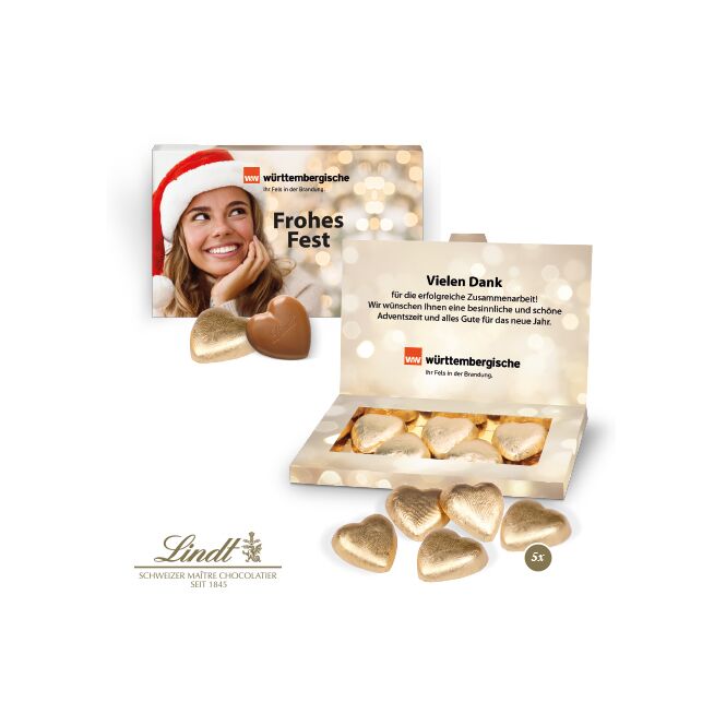 Firmengeschenk Lindt Schokoherzen Präsentbox Business – bunt – mit bedrucktem Etikett 25 g als Weihnachtsgeschenk für Kunden und Partner
