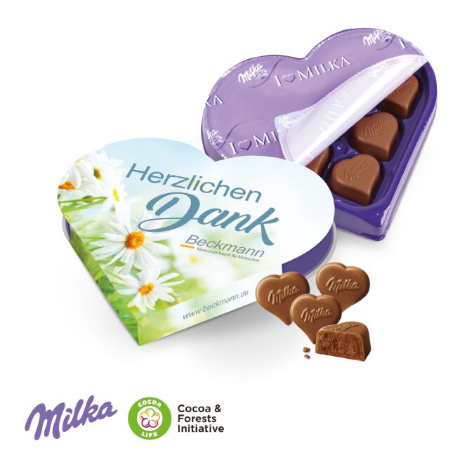 Firmengeschenk Milka I LOVE MILKA Herz – bunt – inkl. Werbeaufdruck 50 g als exklusives Werbemittel für Geschäftspartner und Kunden