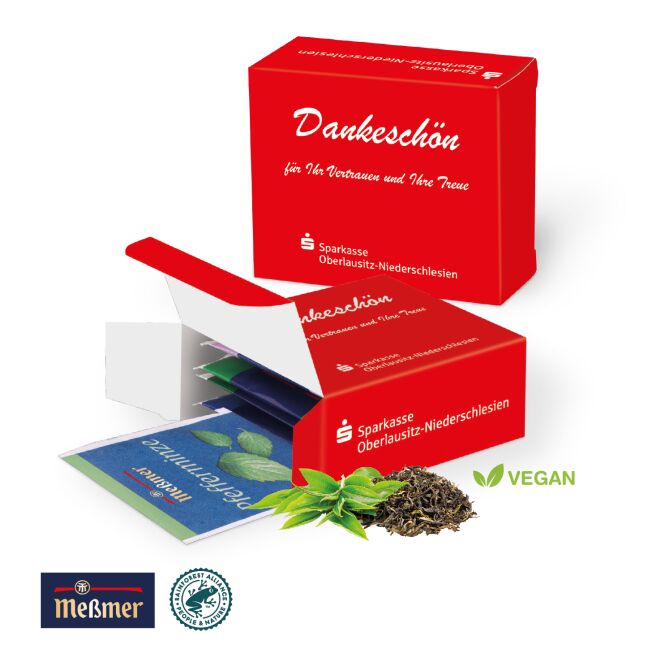 Werbeartikel Meßmer Premium-Tee in der Werbebox – bunt gemischt – mit individuellem Etikett 5 Teebeutel als Werbemittel für Messe und Events
