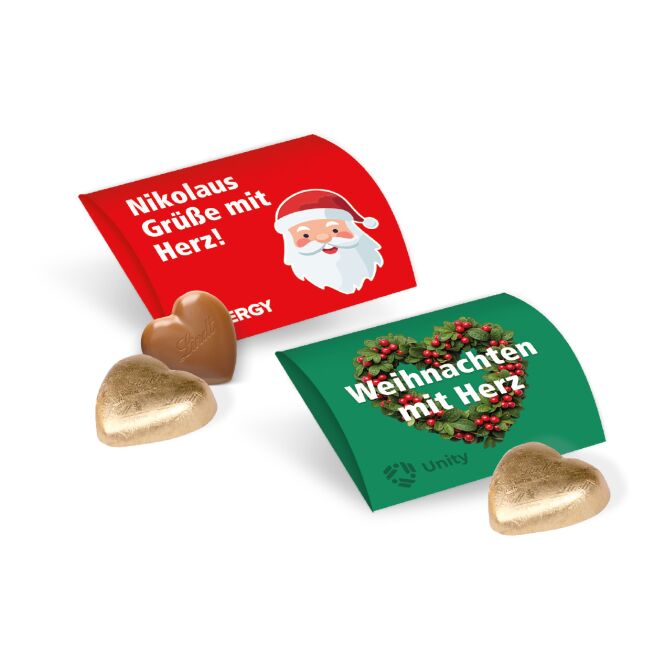 Firmengeschenk Lindt Herz im Werbebriefchen – weihnachts edition – mit Logo bedruckt 5g als Weihnachtsgeschenk für Kunden und Partner