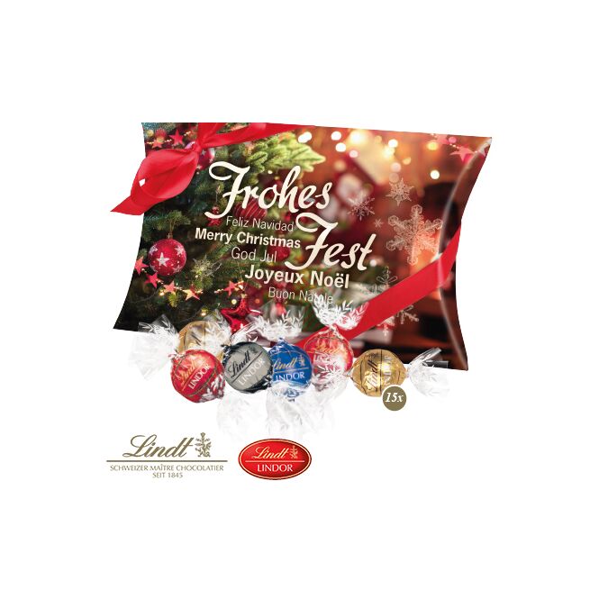 Firmengeschenk Lindt Lindor Pralinés Kissenverpackung – weihnachten – mit bedrucktem Etikett als Weihnachtsgeschenk für Kunden und Partner