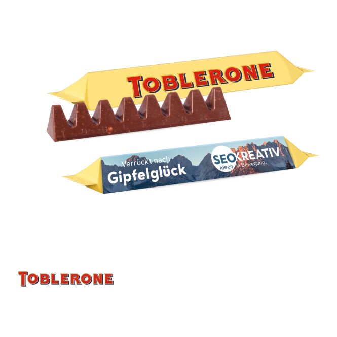 Premium-Werbeartikel TOBLERONE Milchschokolade – milchschokolade mit honig- und mandel-torrone – mit individuell bedrucktem Werbeschuber 35 g für