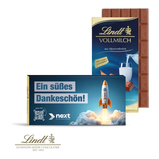 Firmengeschenk Lindt Premium Schokolade – vollmilch – mit Logo bedruckt 100 g als hochwertiges Werbemittel für Ihre geschäftlichen Partner