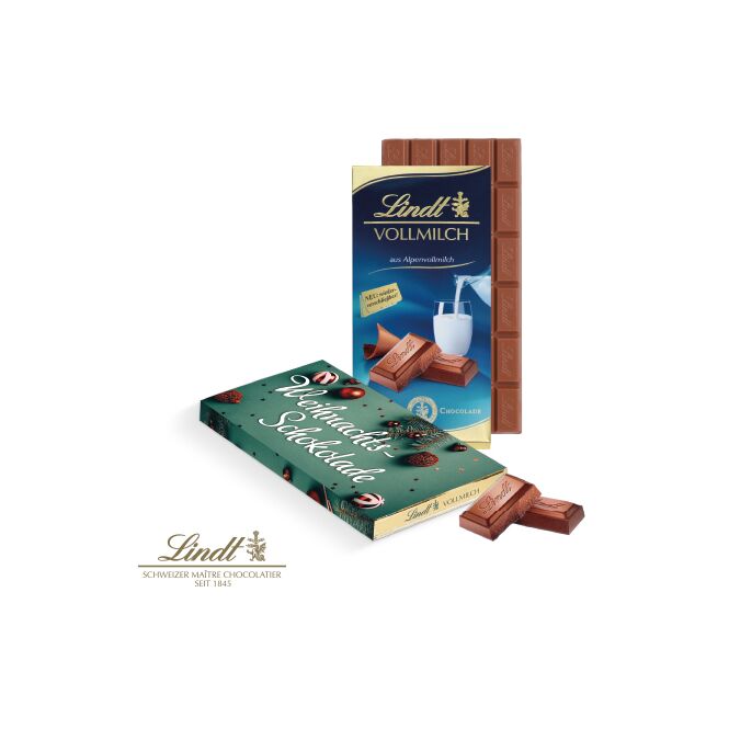 Firmengeschenk Lindt Schokolade – vollmilch – mit bedrucktem Etikett 100 g als hochwertiges Werbemittel für Geschäftspartner und Kunden