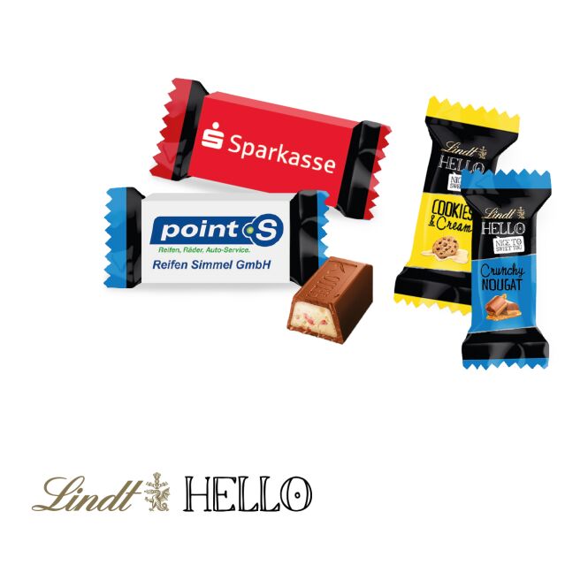 Firmengeschenk Lindt HELLO Mini Stick Mix – bunt – mit individuellem Etikett 10 g als süßes Werbegeschenk für Kunden und Partner