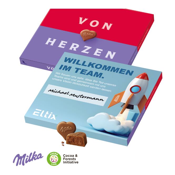 Firmengeschenk Milka I love Pralinen – schokolade – mit bedrucktem Etikett 110 g als Weihnachtsgeschenk für Kunden und Partner