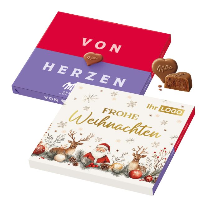 Firmengeschenk Milka Von Herzen – bunt – mit individuellem Werbeschuber 110 g als hochwertiges Werbemittel für Geschäftspartner