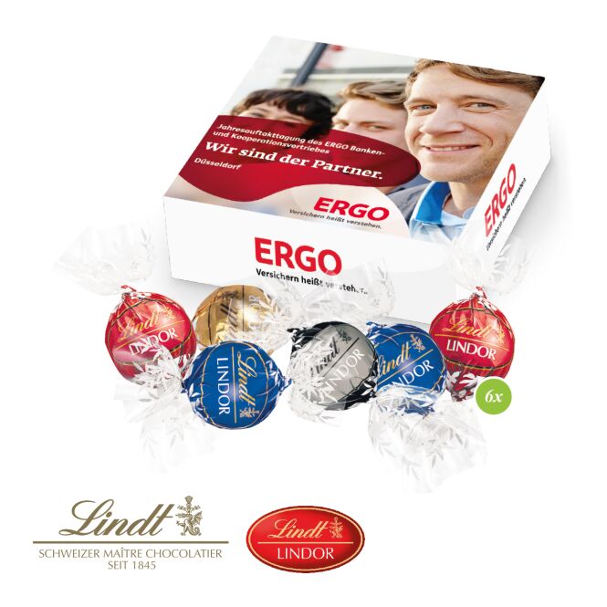Firmengeschenk Lindt Lindor-Präsent – bunt – mit bedrucktem Etikett 60 g als Weihnachtsgeschenk für Kunden und Partner