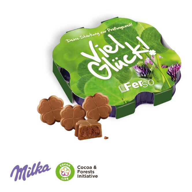 Firmengeschenk Milka Kleines Dankeschön – alpenmilchschokolade – mit individuellem Etikett 110g als Dankeschön für treue Kunden und Partner