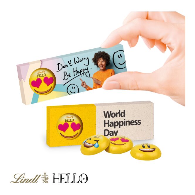 Premium-Werbeartikel Lindt HELLO Mini Emoti – bunt – inkl. Werbeaufdruck 3er Pack als süßes Werbemittel für Kunden und Mitarbeiter