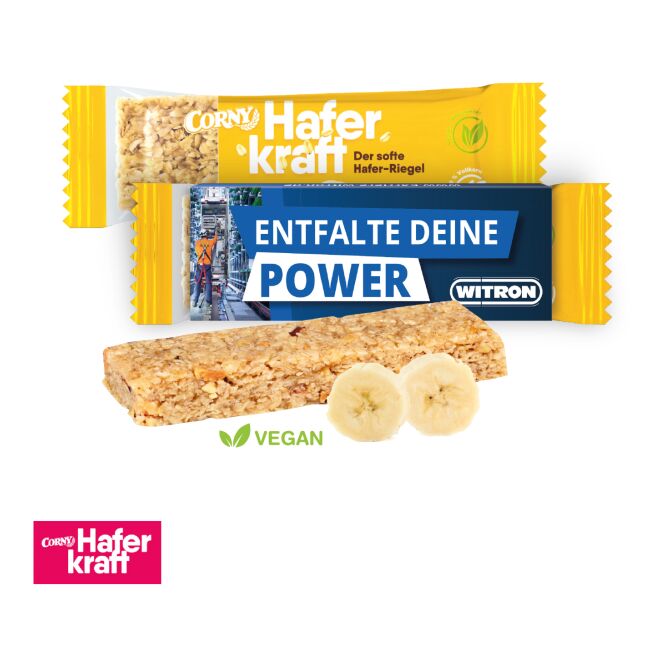 Werbeartikel CORNY Haferriegel Haferkraft – bunt – mit Logo bedruckt als idealer Snack auf Messen und Events für Geschäftspartner
