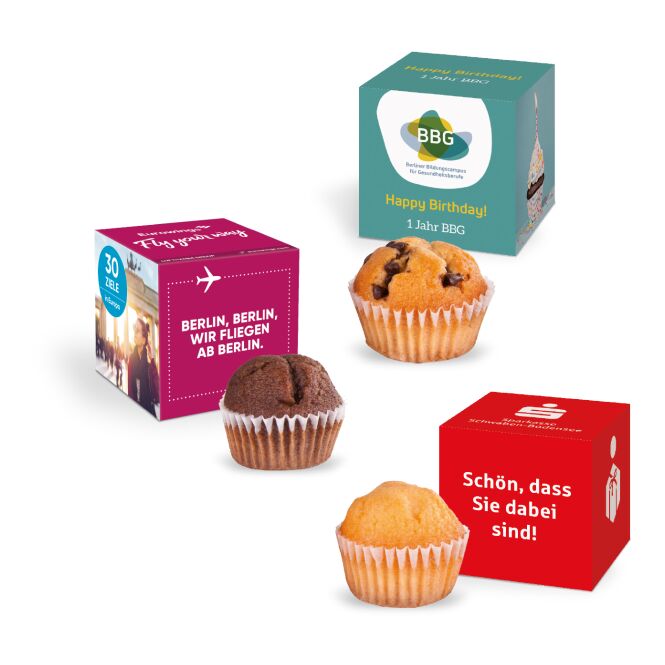Werbeartikel Muffin Mini – schokosplitter, schokolade und tradition – mit Logo bedruckt 30g als süßes Werbemittel für Messen und Events