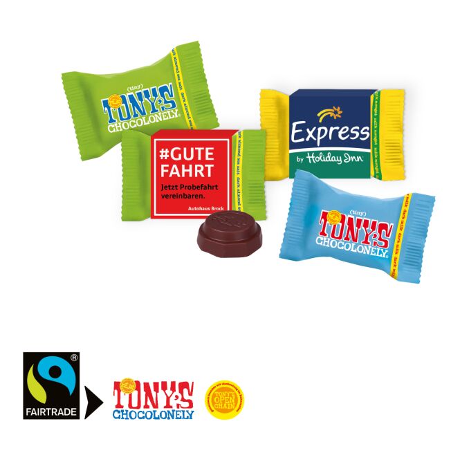 Premium-Werbeartikel Tiny Tony's Schokolade – bunt – mit individueller Banderole 9 g als süßes Werbegeschenk für Kunden und Partner