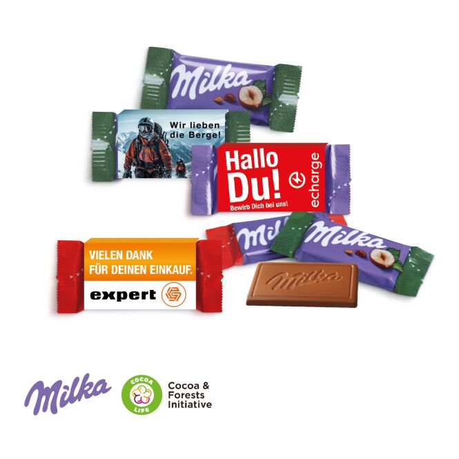 Firmengeschenk Milka Schokotäfelchen – bunt gemischt – mit individuell bedruckter Banderole 4,5 g als Werbemittel für Kunden und Mitarbeiter