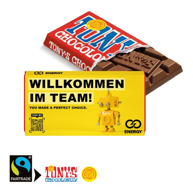 Firmengeschenk Tony's Schokoladentafel – bunt – mit individueller Banderole 100g als nachhaltiges Werbemittel für Kunden und Mitarbeiter