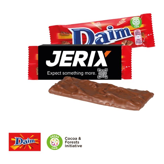 Premium-Werbeartikel Daim Riegel – karamell-schokolade – mit individueller Banderole für Firmengeschenk an Geschäftspartner und Mitarbeiter
