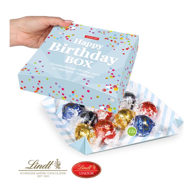 Firmengeschenk Präsentbox mit Lindt Lindor Pralinés mit individueller Werbekartonage – Bunt – Feine Schokoladenpräsente für Mitarbeiter und Kunden