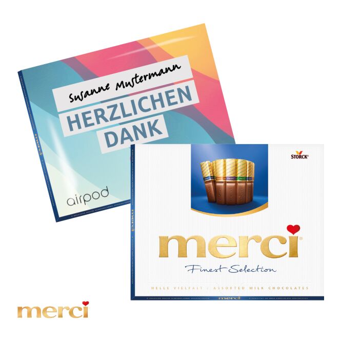 Firmengeschenk Merci Finest Selection – bunt – mit bedrucktem Etikett als hochwertiges Werbemittel für Geschäftspartner und Kunden