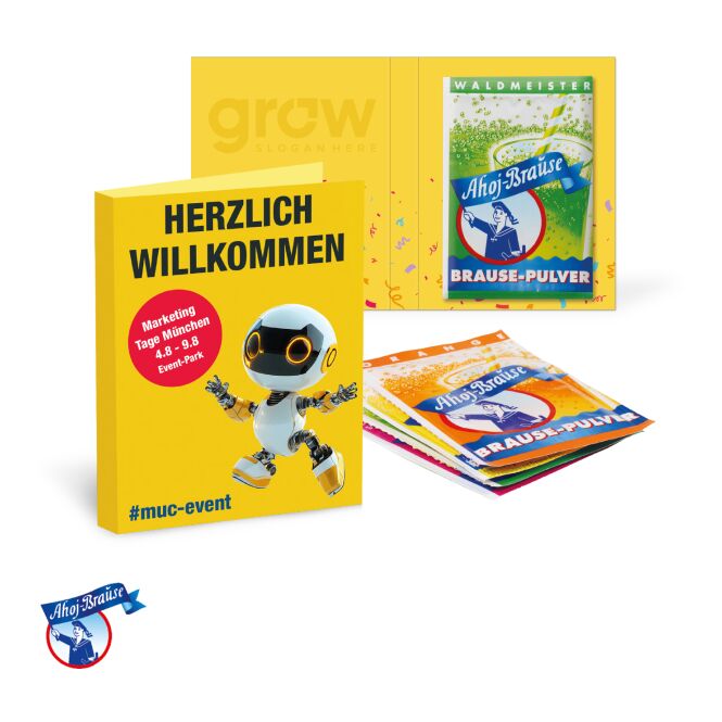 Streuartikel Ahoj-Brause Klappkarte – bunt – mit Werbeaufdruck als originelles Werbemittel für Messen und Events für Kunden und Partner