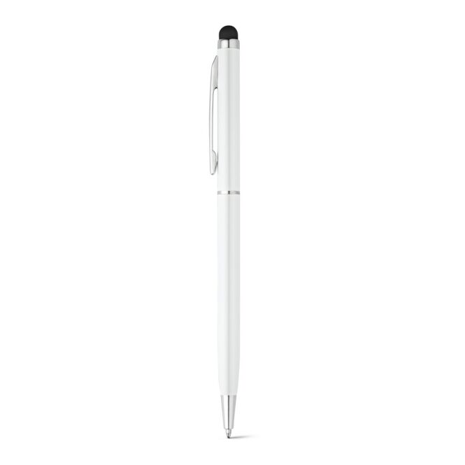 Kundengeschenk ZOE Aluminium-Drehkugelschreiber – weiß – mit Gravur und Touchpad-Spitze für Smartphones, blauschreibend für den Büroalltag, 8x135mm