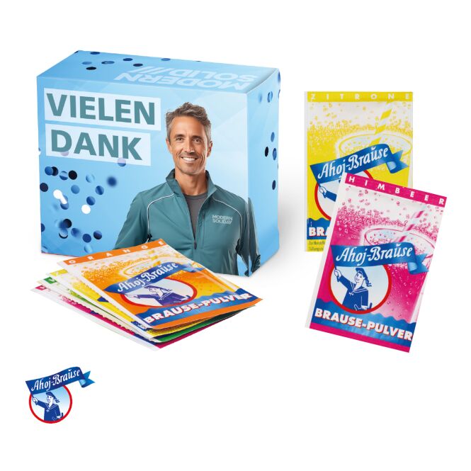 Werbeartikel Ahoj-Brause Werbebox – bunt – mit individuellem Etikett 6 Einheiten als Werbegeschenk für Kunden auf Messen und Events