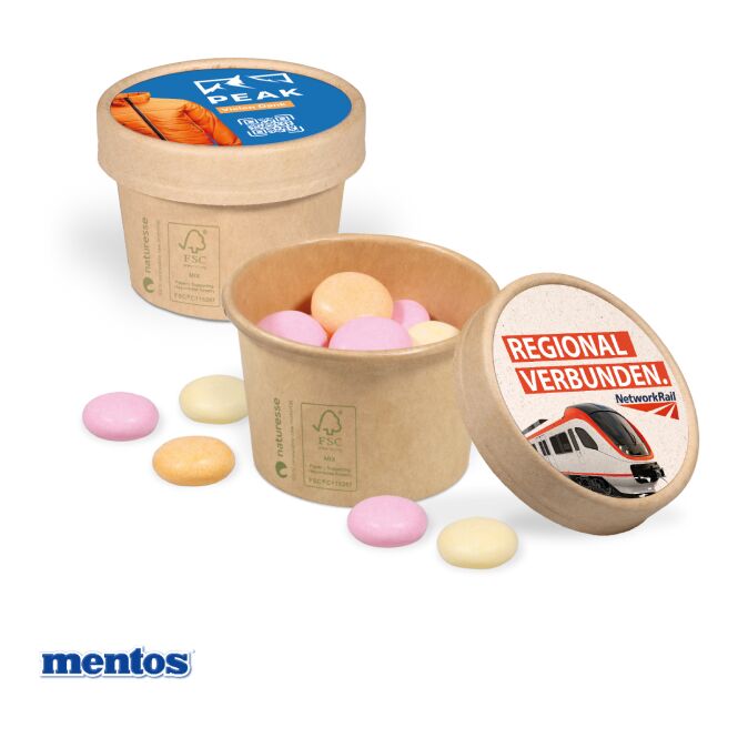 Werbeartikel Mentos Paperbox Kartonbecher – bunt – mit individuellem Werbe-Einleger im Deckel für Messen und Events an potenzielle Kunden