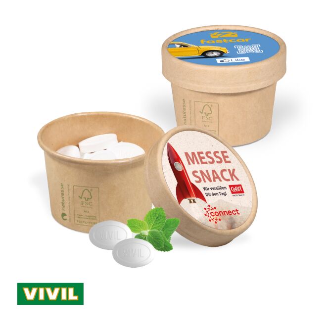 Werbeartikel Vivil Pfefferminze Paperbox – zuckerfrei – mit Logo bedruckt als hochwertiges Give-away für Kunden auf Fachmessen und Events
