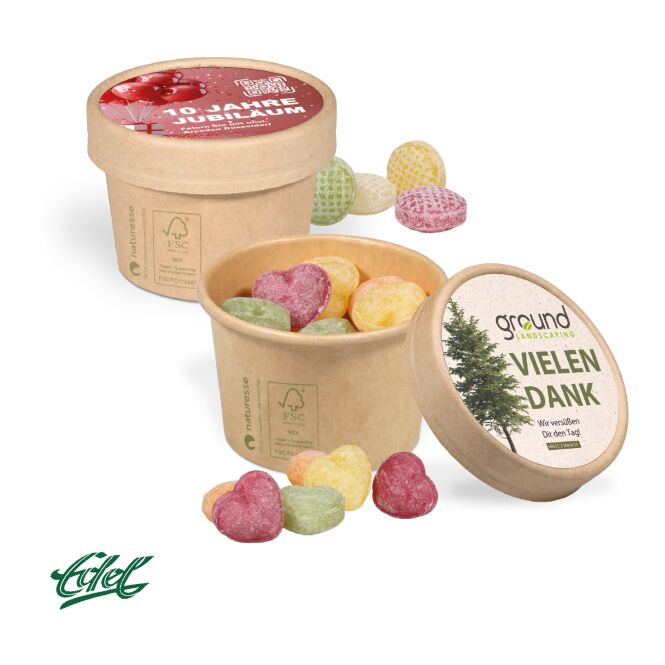 Streuartikel Edel Bonbon Paperbox – bunt – mit individuellem Werbe-Einleger im Deckel für Messen und Events an potenzielle Kunden und Partner
