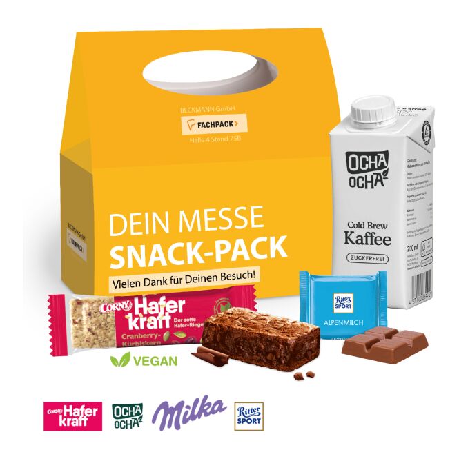 Werbeartikel Snack Pack Kleine Pause – bunt – mit individuellem Etikett für Messen und Events als Werbemittel für Kunden und für Ihr Team
