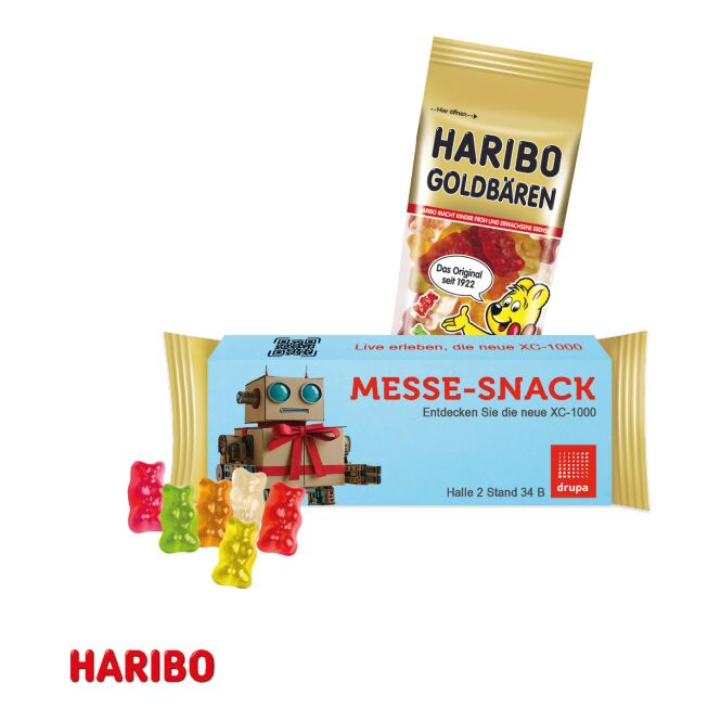 Streuartikel Haribo Goldbären im Werbeschuber – bunt – mit individuellem Werbeaufdruck 75 g als idealer Werbeartikel für Kunden und Events