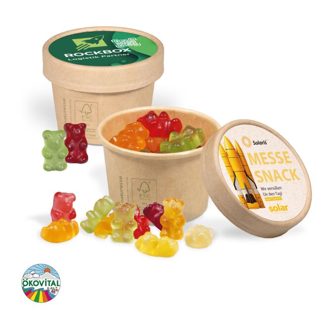 Streuartikel Werbe-Fruchtgummi Paperbox – bunt – mit bedrucktem Etikett ca. 100g für Kunden auf Messen und als süßes Präsent für Mitarbeiter