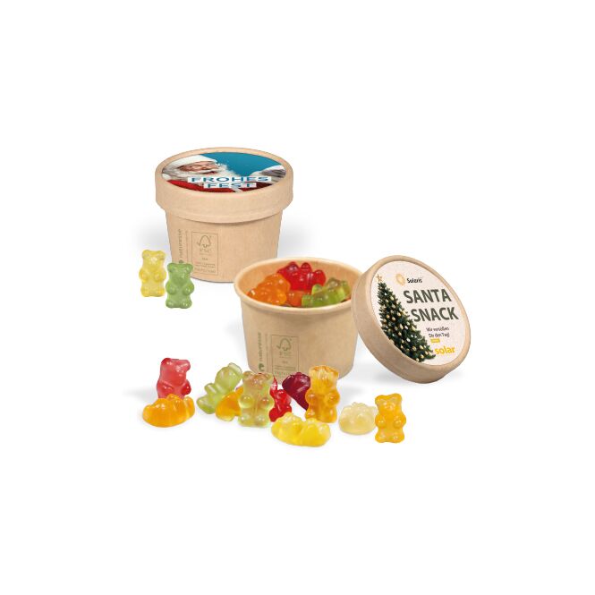 Werbeartikel Fruchtgummi Paperbox – bunt – mit bedrucktem Einleger individuell als Werbemittel auf Messen für potenzielle Kunden