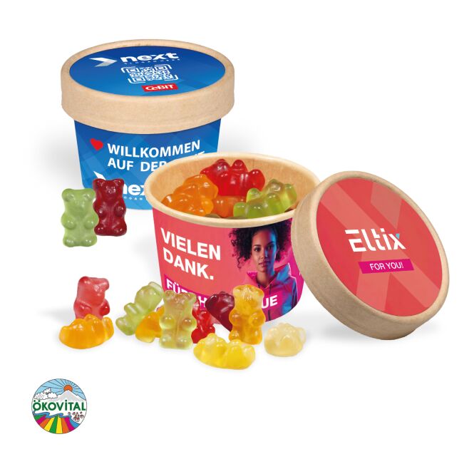 Streuartikel Fruchtgummi Paperbox – bunt – mit individueller Banderole als Werbemittel auf Messen und Events für potenzielle Kunden