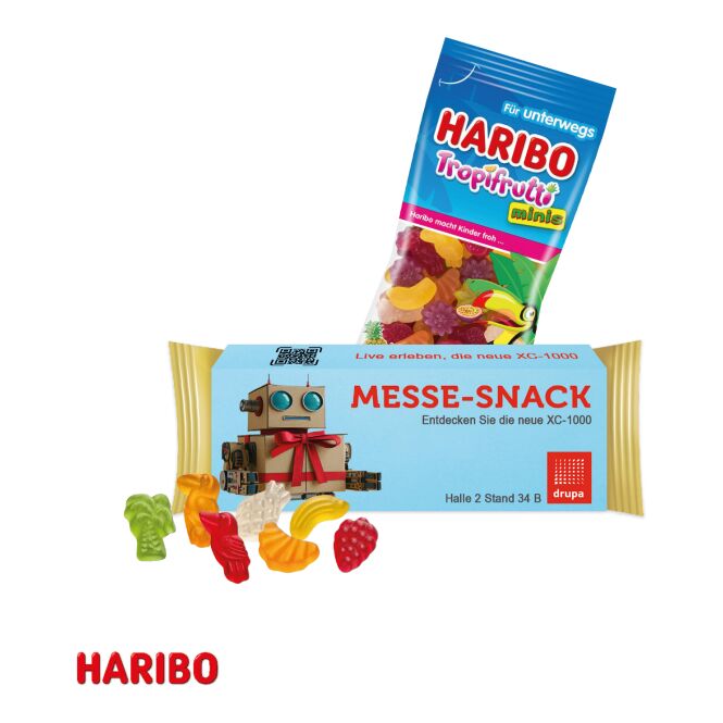 Streuartikel HARIBO Tropifrutti im Werbeschuber – bunt – mit bedrucktem Etikett 75 g ideal als Werbemittel auf Messen für potenzielle Kunden