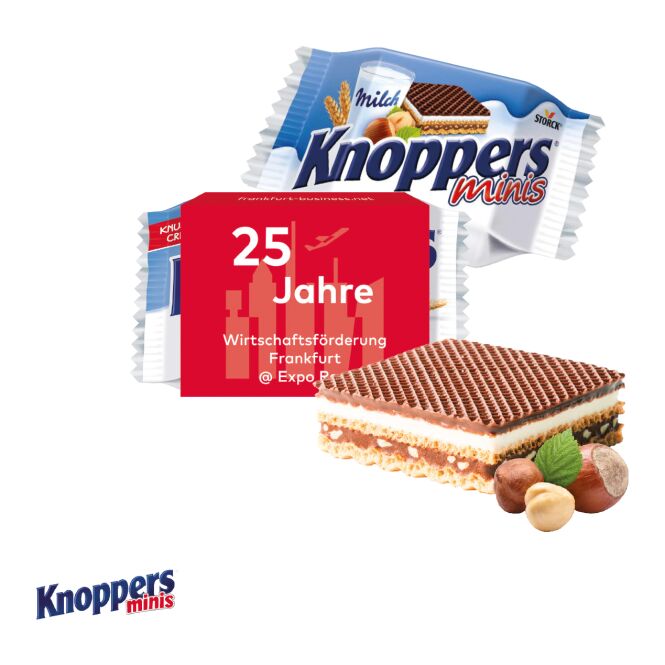 Werbeartikel Knoppers Mini – bunt – mit bedrucktem Etikett Knoppers Mini Werbeschuber als Werbemittel für Messen und Firmenveranstaltungen
