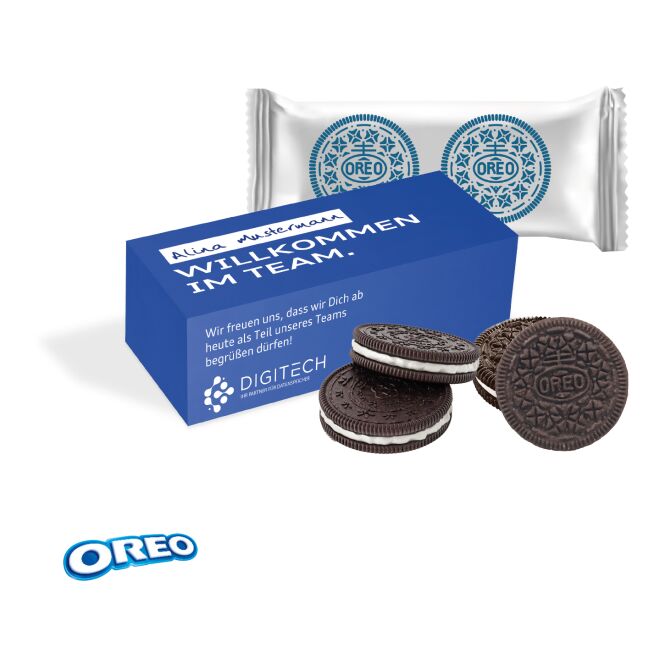Werbeartikel OREO Werbebox – bunt – mit individuellem Etikett 4 Stück als hochwertiges Werbemittel für Kunden und Mitarbeiter auf Messen