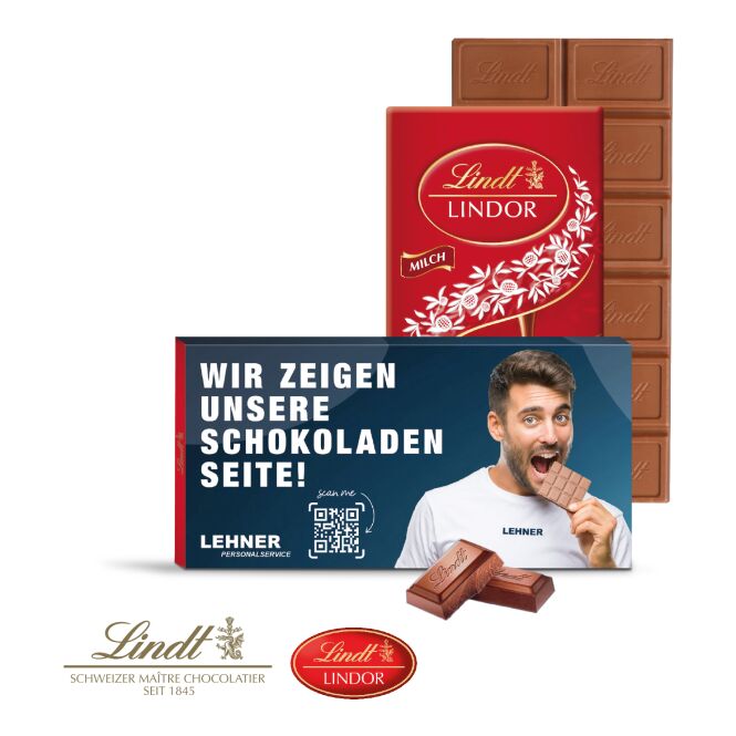 Firmengeschenk Lindt Lindor mit Logodruck – Bunt – feine Schokoladentafel für Mitarbeiter und Geschäftspartner