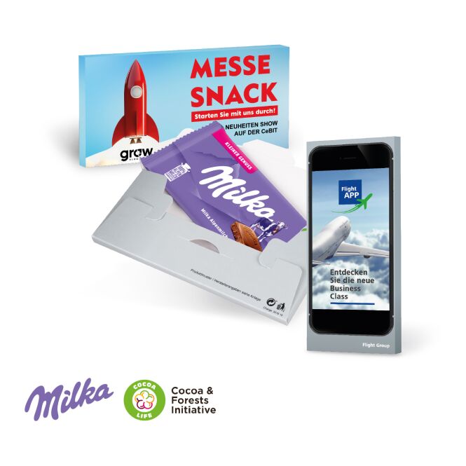 Premium-Werbeartikel Milka Schokoladentafel – alpenmilch – mit Logo bedruckt 45 g als Firmengeschenk für Geschäftspartner und Kunden