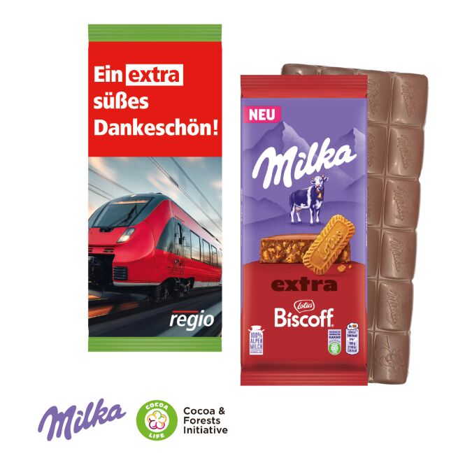 Firmengeschenk Milka Schokoladentafel Extra – alpenmilch – mit individuell bedruckbarem Werbeschuber 190 g als Werbemittel für Geschäftspartner