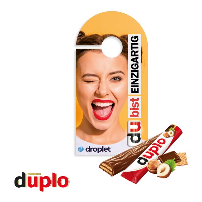 Firmengeschenk duplo Werbekarte Türanhänger – bunt – mit Logo bedruckt 1 Riegel als Werbemittel für Geschäftspartner und Kunden