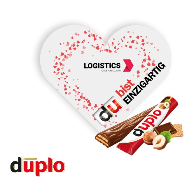 Premium-Werbeartikel duplo Werbekarte Herz – bunt – mit Logo bedruckt 18,2g als süßes Werbegeschenk für Kunden auf Messen und Events