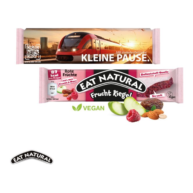 Werbeartikel EAT NATURAL Frucht Riegel – fruchtig – mit individuellem Werbeschuber als gesundes Werbemittel für Kunden und Mitarbeiter