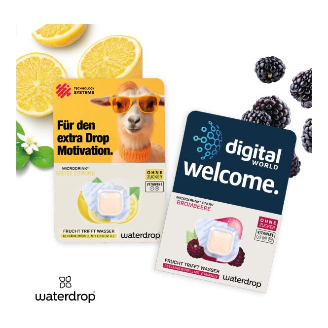 Werbeartikel waterdrop® Microdrink – brombeere oder eistee zitrone – mit Logo bedruckt als hochwertiges Präsent für Kunden und Mitarbeiter