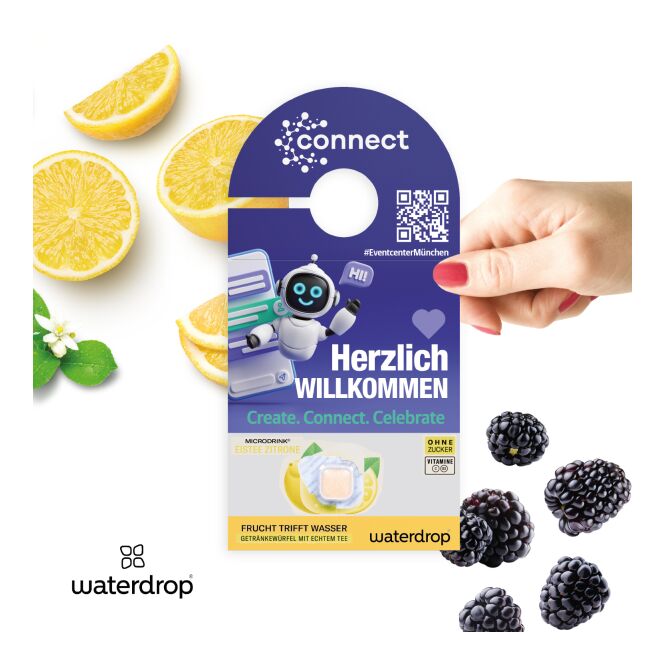 Werbeartikel waterdrop® Flaschen-Türanhänger – fruchtige brombeere – mit individuellem Etikett für Hotels, Tagungen und Büroaktionen