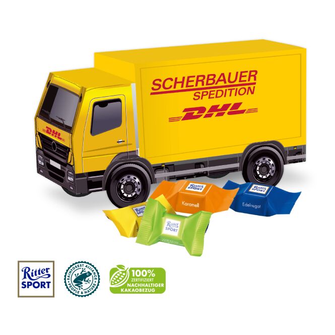 Firmengeschenk LKW-Modell – bunt – mit individuellem Werbedruck FSC-zertifizierter Karton klimaneutrales nachhaltiges Präsent