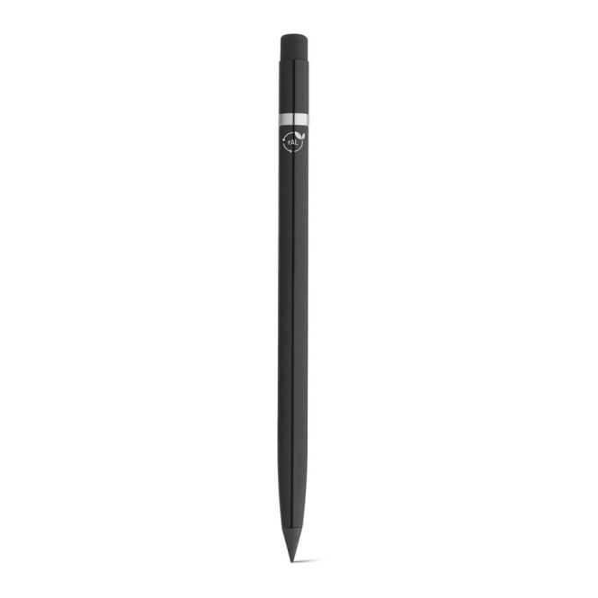 Werbeartikel LIMITLESS tintenloser Stift mit Logodruck – Schwarz – nachhaltiges Schreibgerät für Messen und Büro aus recyceltem Aluminium