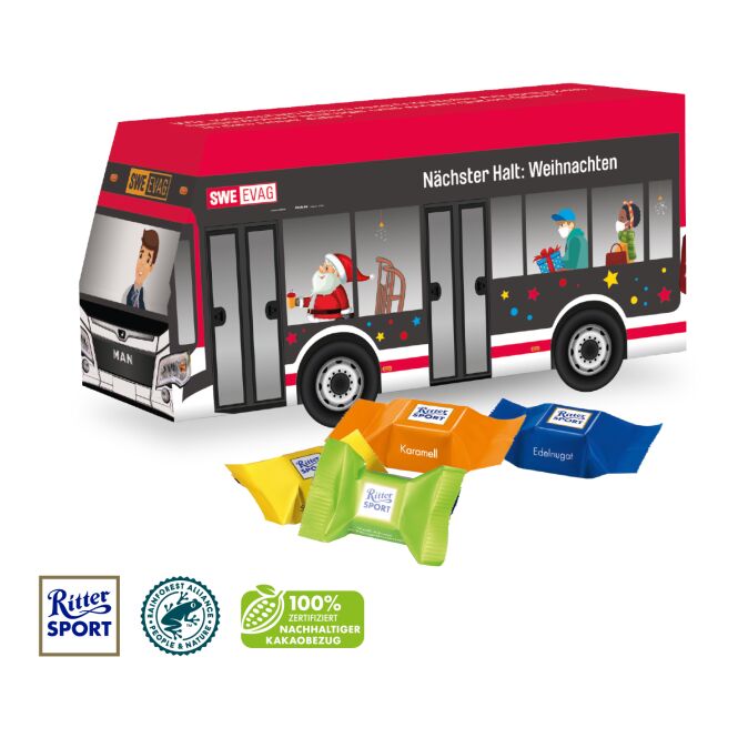Firmengeschenk Präsent Bus – bunt – mit individuellem Werbedruck, FSC-zertifizierte Kartonage, klimaneutrales nachhaltiges Mailing